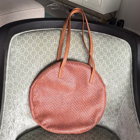 Anthropologie Round Tan Woven Shoukder Tote Bag - Picture 3 of 10